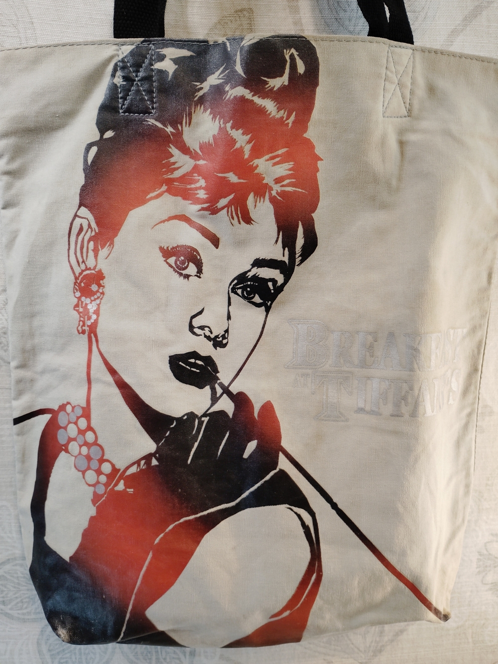 Breakfast at Tiffany's Ivory Canvas Tote with Red-Black Graphic